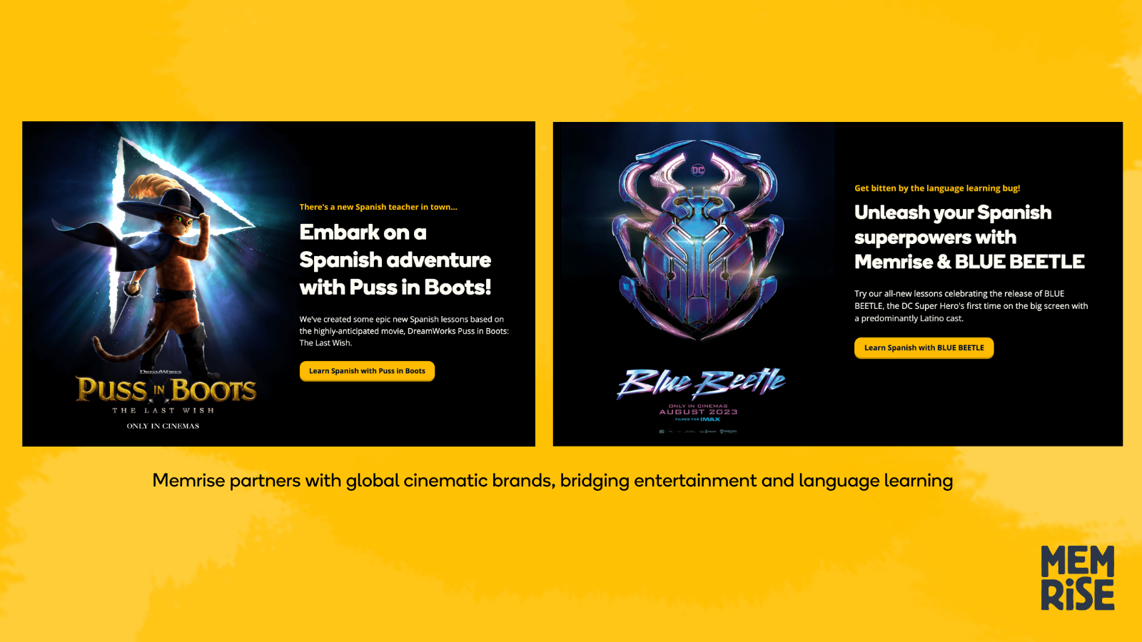 Screenshots of Memrise landing pages. One shows the partnership with Bluee Beetle, the other one shows the partnership with Puss in Boots.