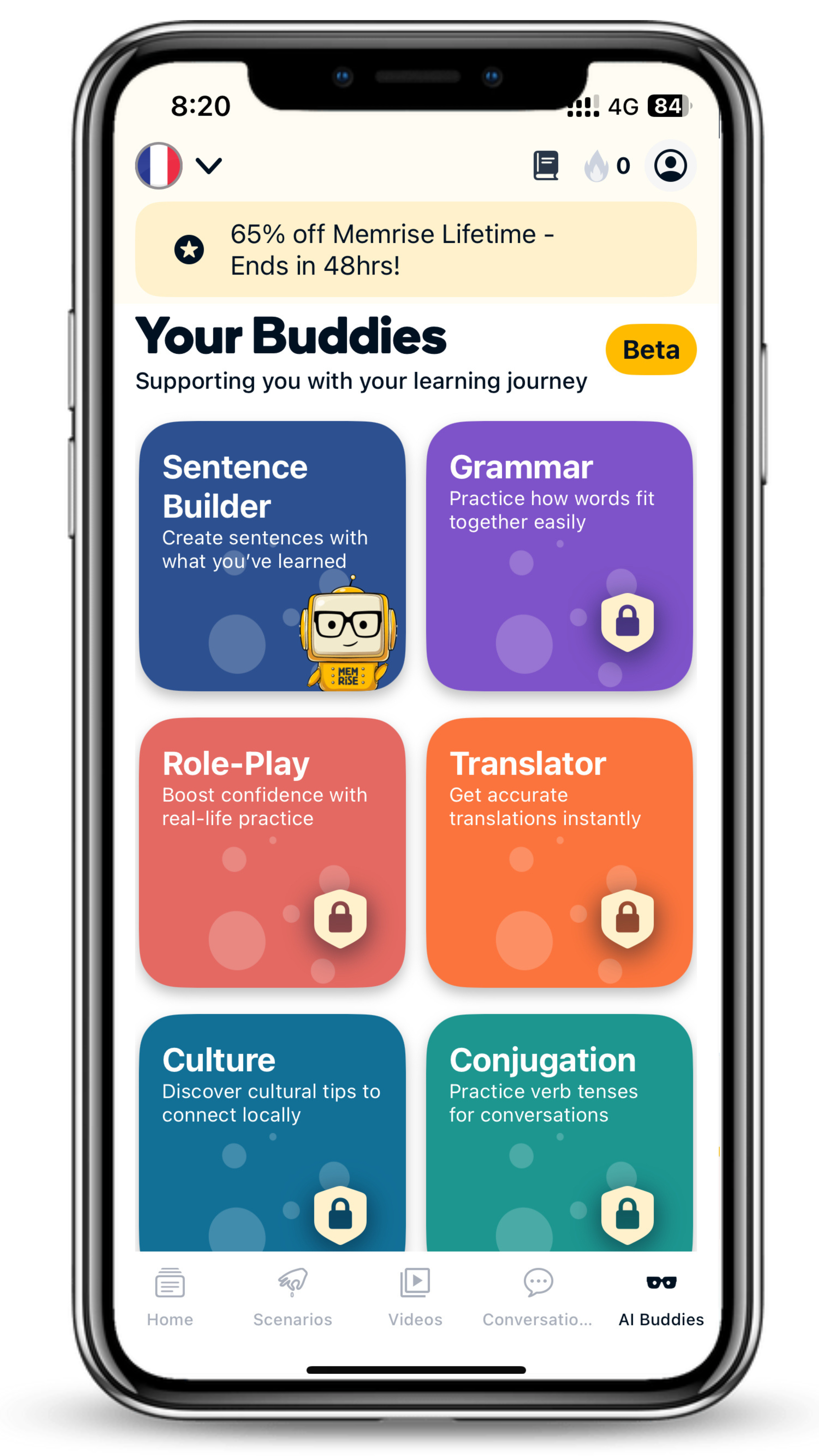 3. Practice building sentences, grammar, and conjugation with AI Buddies